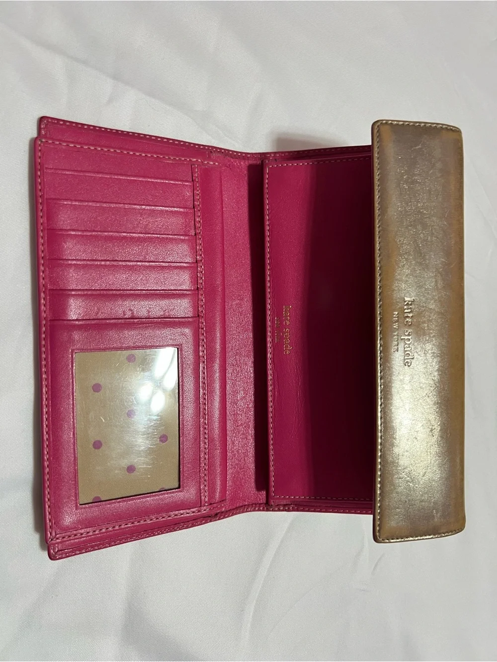 Vintage Kate Spade New York metallic gold & hot pink leather wallet